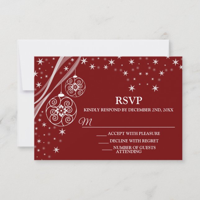 Christmas Party White Ornaments Stars Red Elegant RSVP Card (Front)