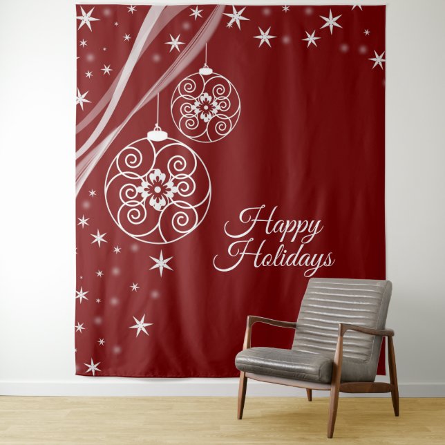 Christmas Party White Ornaments Stars Red Elegant Tapestry (In Situ)
