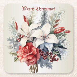 Christmas Party White Red Flowers Holidays Elegant Square Paper Coaster