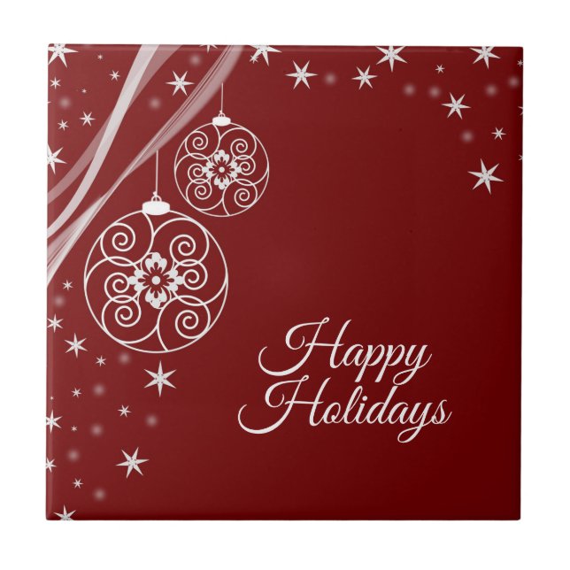Christmas Party White Stars Red Elegant Tile (Front)