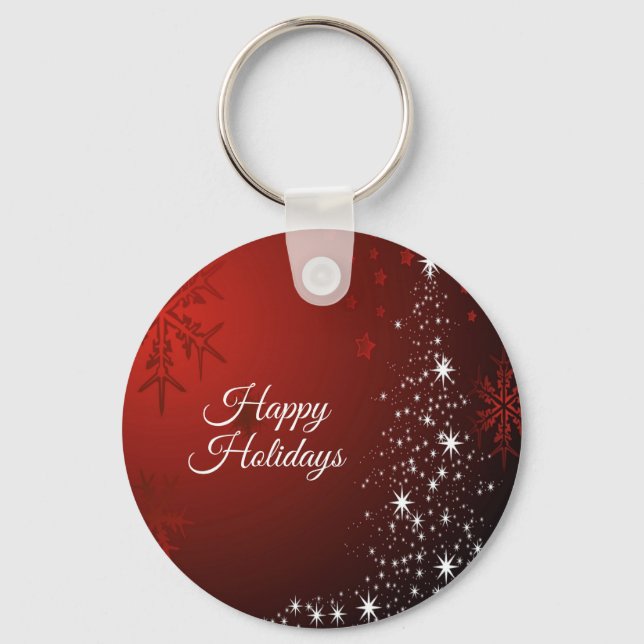Christmas Party White Stars Tree Red Snowflakes Keychain (Front)