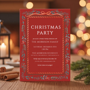 Christmas Party Winter Botanical Red Bow Holiday Invitation