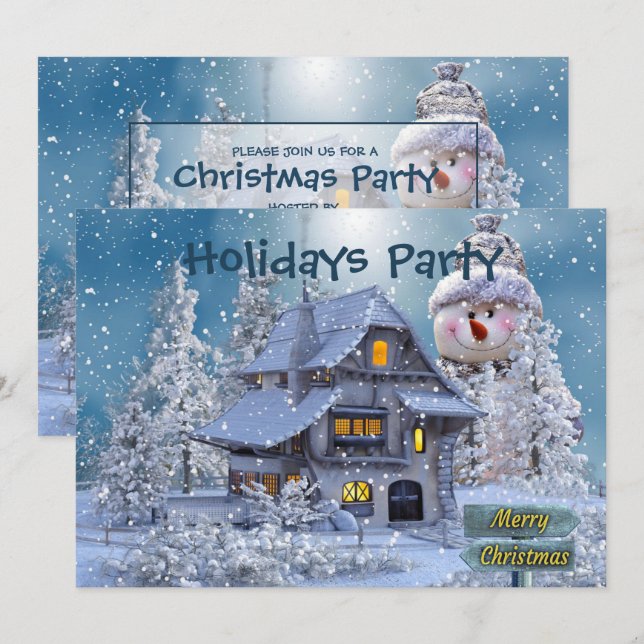 Christmas Party Winter White Snowman Blue Rustic Invitation (Front/Back)