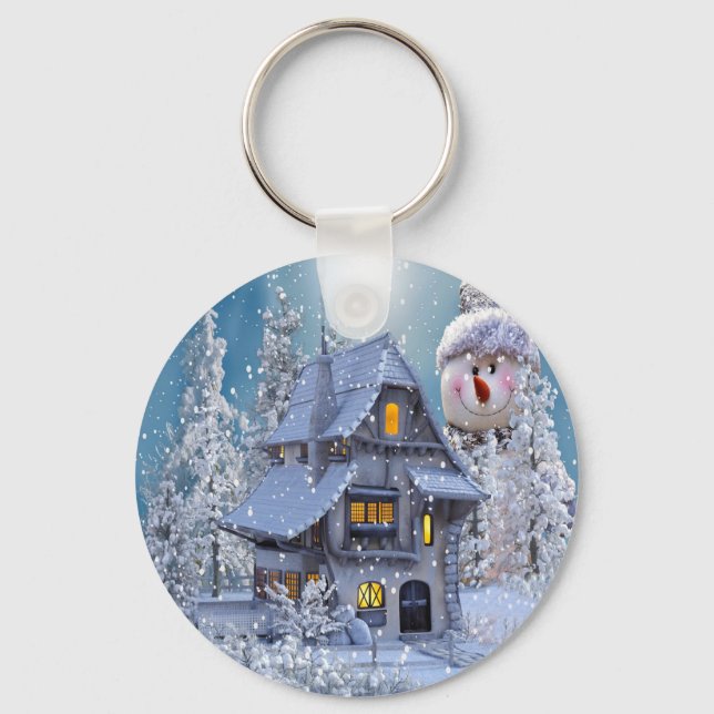Christmas Party Winter White Snowman Blue Rustic Keychain (Front)
