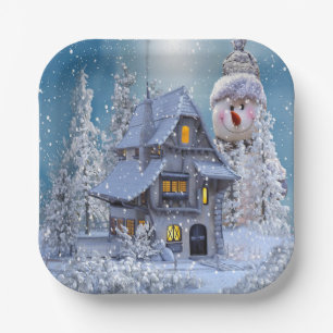 Christmas Party Winter White Snowman Blue Rustic Paper Plate