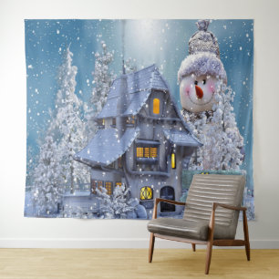 Christmas Party Winter White Snowman Blue Rustic Tapestry