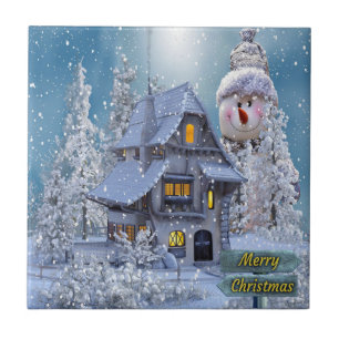 Christmas Party Winter White Snowman Blue Rustic Tile