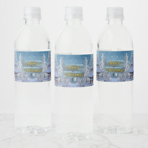 Christmas Party Winter White Snowman Blue Rustic Water Bottle Label