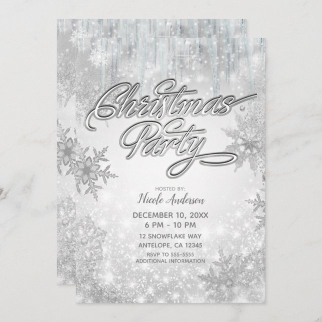 Christmas Party Winter Wonderland White Snowflakes Invitation (Front/Back)