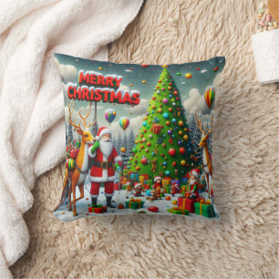Christmas party with Santa and reindeer Throw Pillow