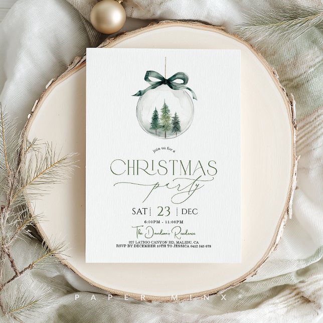 Christmas Party Xmas Bauble Green Gold  Invitation (Christmas Party Invitation with christmas tree bauble and elegant fonts. )
