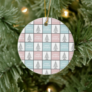 Christmas Pastel Blue and Pink Modern Pattern Ceramic Ornament