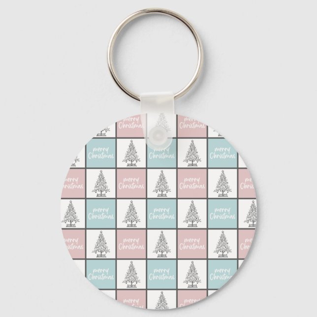 Christmas Pastel Blue and Pink Modern Pattern Keychain (Front)