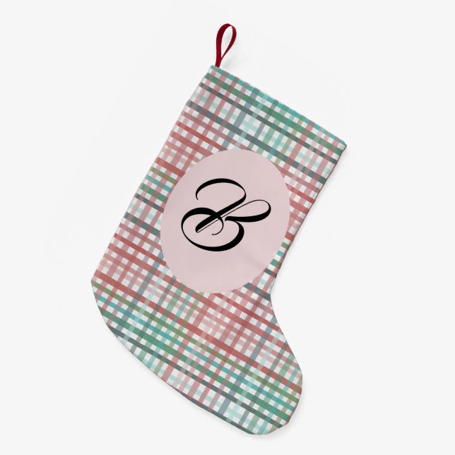Christmas pastel pink plaid. Custom with the name. Small Christmas Stocking (Front (Hanging))