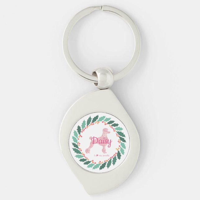 Christmas pastel pink poodle keychain Custom Name (Front)