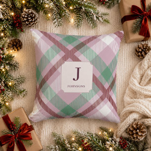 Christmas Pastel Plaid Monogram Throw Pillow