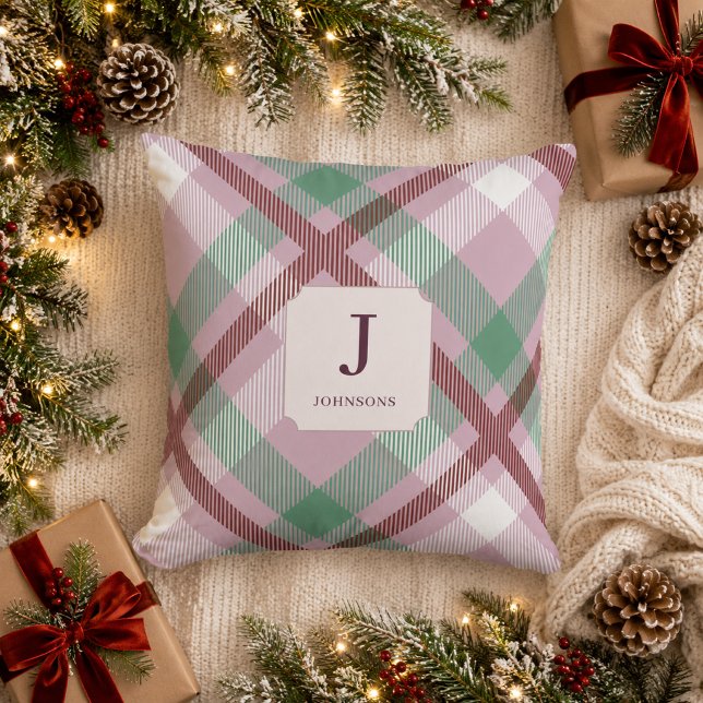 Christmas Pastel Plaid Monogram  Throw Pillow (Creator Uploaded)