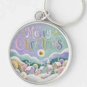 Christmas Pastel Winter Village Snow Houses Keychain