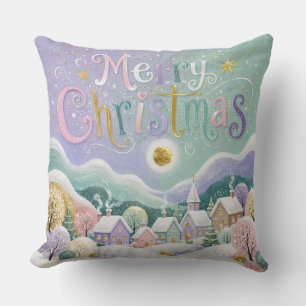 Christmas Pastel Winter Village Snow Houses Throw Pillow