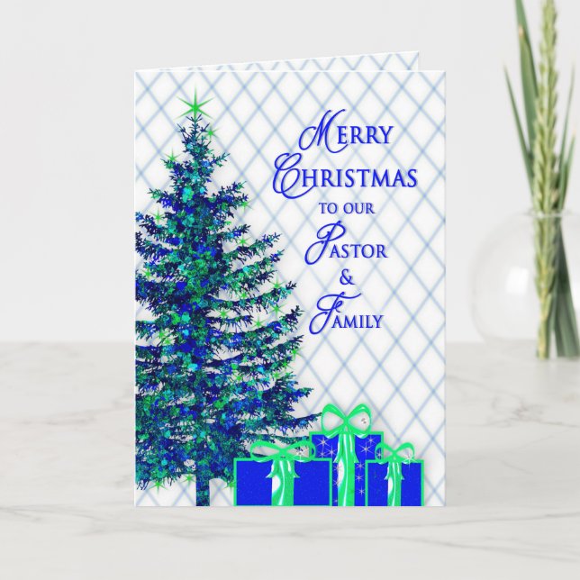 Christmas, Pastor & Family, Blue/Tree, Christian Holiday Card (Front)