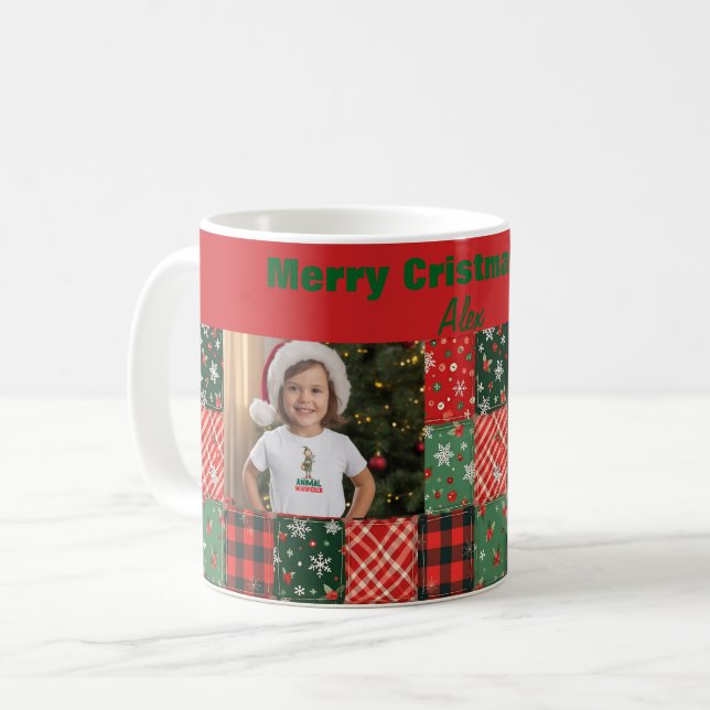Christmas patchwork green red two photo coffee mug (Front Left)