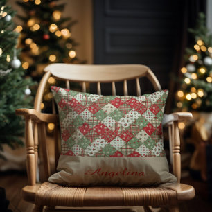  Christmas patchwork name Green Red beige Throw Pillow