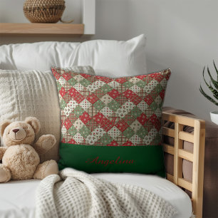  Christmas patchwork name Green Red  Throw Pillow