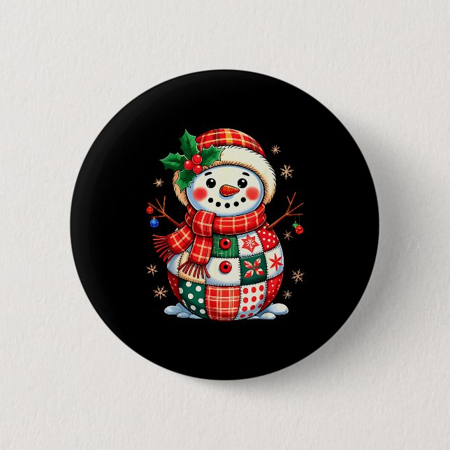 Christmas Patchwork Snowman - Quilted Holiday Aest 2 Inch Round Button (Front)