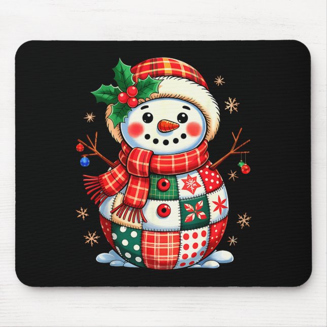 Christmas Patchwork Snowman - Quilted Holiday Aest Mouse Pad (Front)