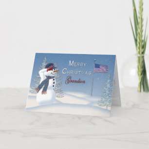 Christmas - Patriotic - Grandson - Snowman/Salutin Holiday Card