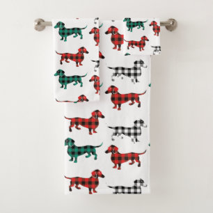 Christmas Pattern Buffalo Plaid Dachshunds Bath Towel Set