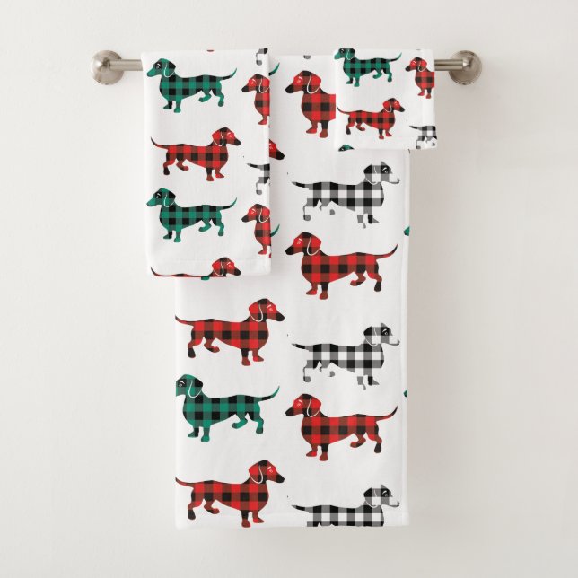 Christmas Pattern Buffalo Plaid Dachshunds Bath Towel Set (Insitu)
