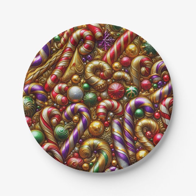 CHRISTMAS PATTERN ~ Candy ~ Red Green Gold ~ Paper Plate (Front)