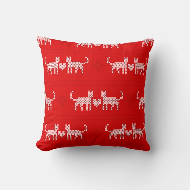 Christmas pattern cross-stitch cats in love with s throw pillow (Front)