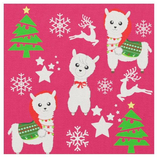 Christmas Pattern Cute Girly Llama Snowflakes Xmas Fabric (Close Up)