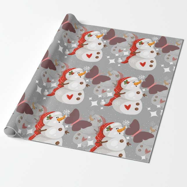 Christmas Pattern Cute Snowman and Butterflies Wrapping Paper (Unrolled)