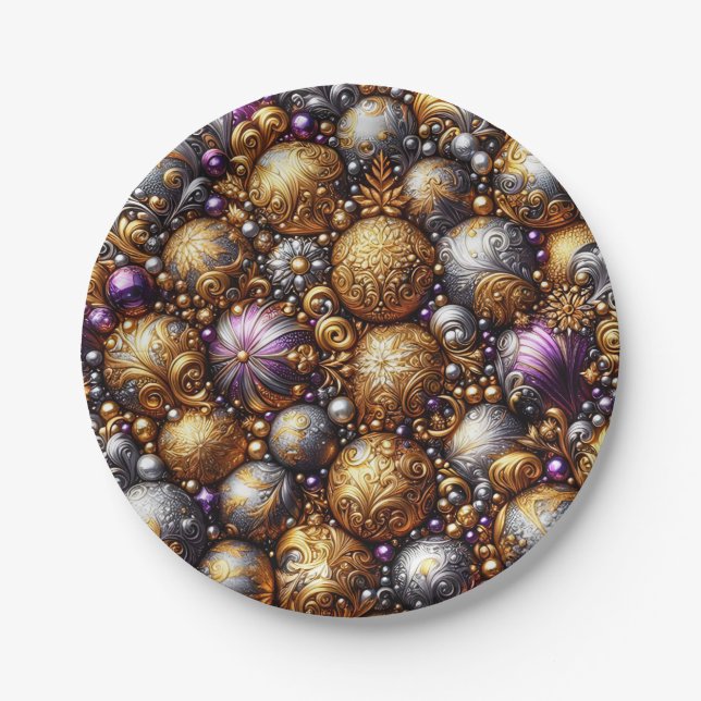 CHRISTMAS PATTERN ~ DECORATIONS ~ Purple Gold ~ Paper Plate (Front)