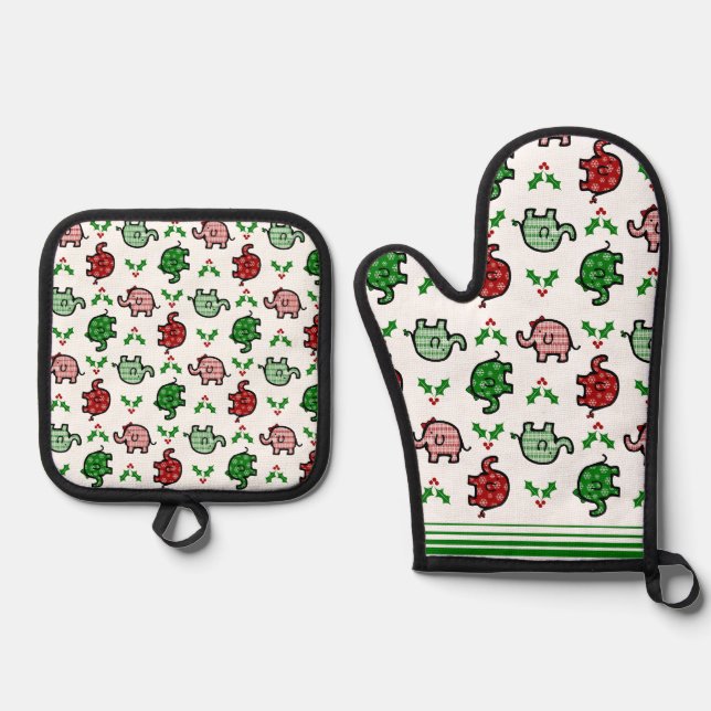 Christmas-Pattern Elephant Oven Mitt & Pot Holder Set (Front)