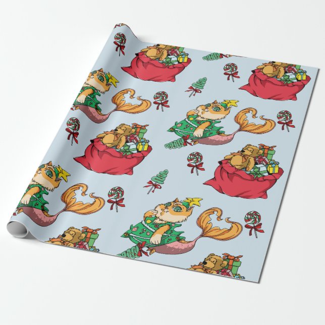 Christmas Pattern Funny Mermaid Cat Wrapping Paper (Unrolled)