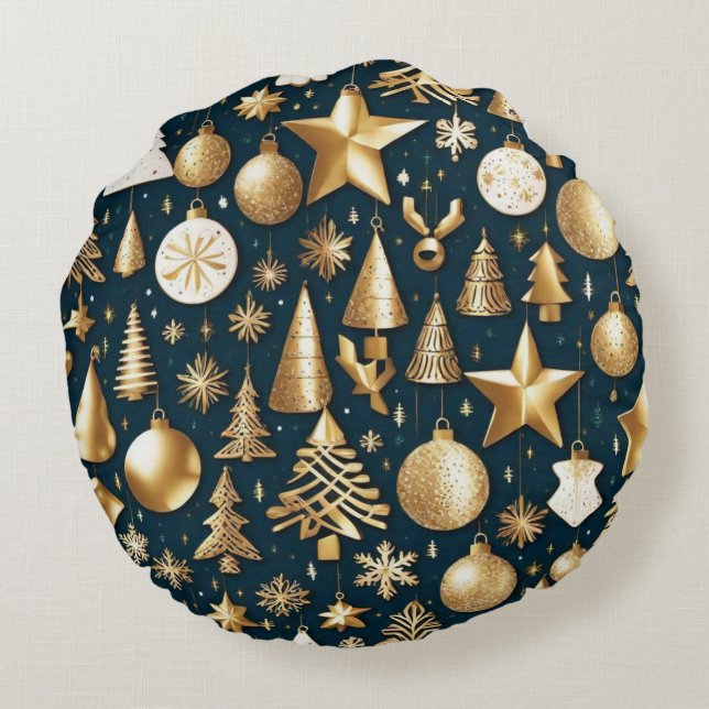 Christmas pattern gold and black ornaments decor round pillow (Back)