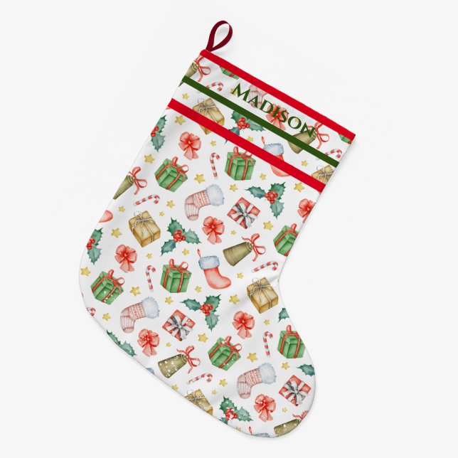 Christmas Pattern Holiday Red & Green Large Christmas Stocking (Front (Hanging))