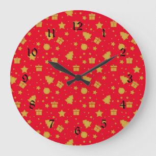 Christmas Pattern in Holiday Gold and Red Large Clock