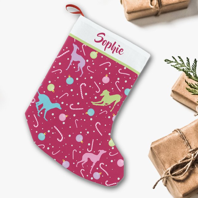 Christmas pattern Italian greyhound dog silhouette Small Christmas Stocking (Creator Uploaded)
