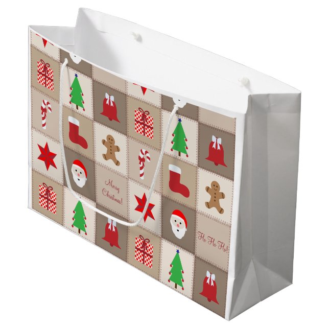 Christmas Pattern Large Gift Bag - Beige (Front Angled)