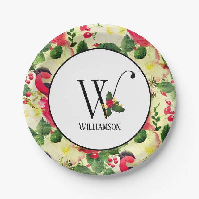 Christmas Pattern Monogram Initial W Personalized Paper Plate (Front)
