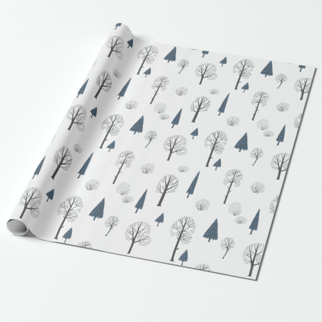 Christmas Pattern Of Blue, Black Trees On White Wrapping Paper (Unrolled)