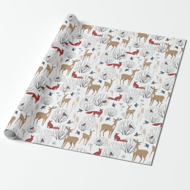 Christmas Pattern Of Forest Animals In Winter Wrapping Paper (Unrolled)