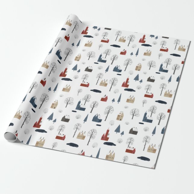 Christmas Pattern Of Houses, Trees, Pond Or Lake Wrapping Paper (Unrolled)
