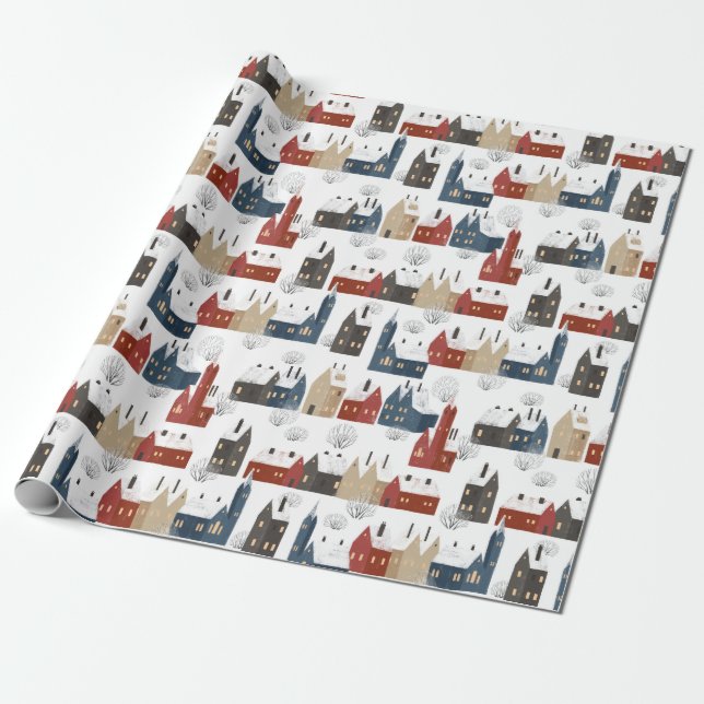 Christmas Pattern Of Town Buildings In Winter Wrapping Paper (Unrolled)