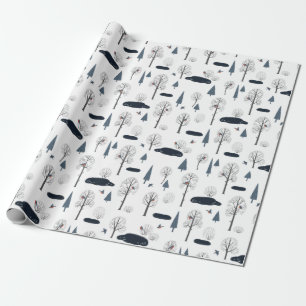 Christmas Pattern Of Trees, Ponds, Birds In Snow Wrapping Paper